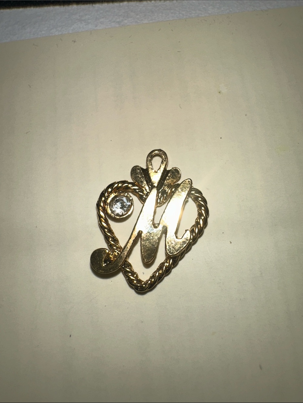 9kt Gold plated Gold-Tone 'M' Heart Initial Pin with Clear Stone